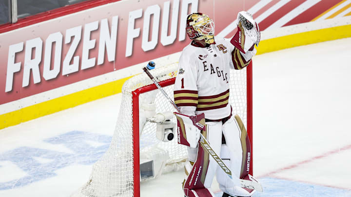 Apr 11, 2024; Saint Paul, Minnesota, USA; Boston College Eagles goaltender Jacob Fowler (1) celebrates the win against the Michigan Wolverines after the semifinals of the 2024 Frozen Four college ice hockey tournament at Xcel Energy Center. Mandatory Credit: Matt Krohn-Imagn Images Apr 11, 2024; Saint Paul, Minnesota, USA; Boston College Eagles goaltender Jacob Fowler (1) celebrates the win against the Michigan Wolverines after the semifinals of the 2024 Frozen Four college ice hockey tournament at Xcel Energy Center. Mandatory Credit: Matt Krohn-Imagn Images