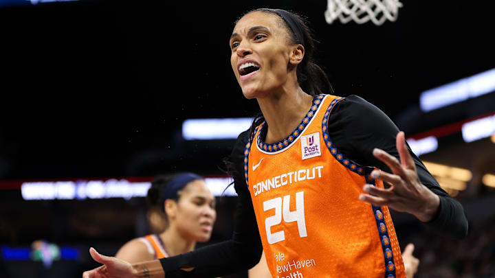 Oct 1, 2024; Minneapolis, Minnesota, USA; Connecticut Sun forward DeWanna Bonner (24) reacts during the second half of game two of the 2024 WNBA Semi-finals against the Minnesota Lynx at Target Center. Mandatory Credit: Matt Krohn-Imagn Images