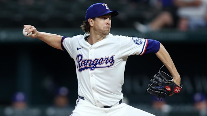 Apr 29, 2025; Arlington, Texas, USA; Texas Rangers pitcher Jacob deGrom (48) throws a pitch during the first inning against the Oakland Athletics at Globe Life Field.