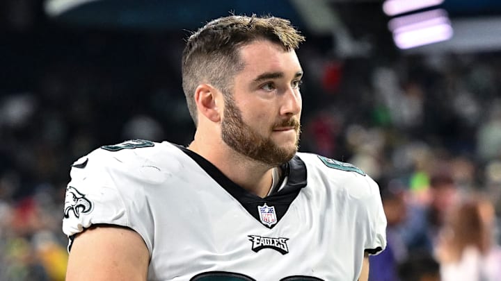 Nov 3, 2022; Houston, Texas, USA;  Philadelphia Eagles offensive tackle Jack Driscoll (63) walks off the field after the game against the Houston Texans at NRG Stadium. Mandatory Credit: Maria Lysaker-Imagn Images