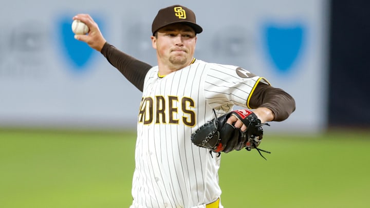 Apr 16, 2026; San Diego, California, USA; San Diego Padres relief pitcher Mason Miller (22) throws a pitch during the ninth inning against the Seattle Mariners at Petco Park. Mandatory Credit: David Frerker-Imagn Images