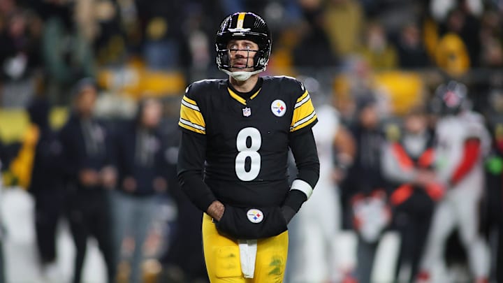 Pittsburgh Steelers quarterback Aaron Rodgers (8) looks on after being sacked during the first half of the NFL Wild Card game against the Houston Texans at Acrisure Stadium in Pittsburgh, PA on January 12, 2026.