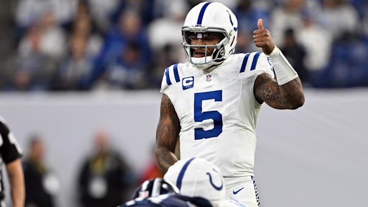 Dec 22, 2024; Indianapolis, Indiana, USA; Indianapolis Colts quarterback Anthony Richardson (5) gives a thumbs up before the snap during the second half against the Tennessee Titans at Lucas Oil Stadium. Mandatory Credit: Marc Lebryk-Imagn Images