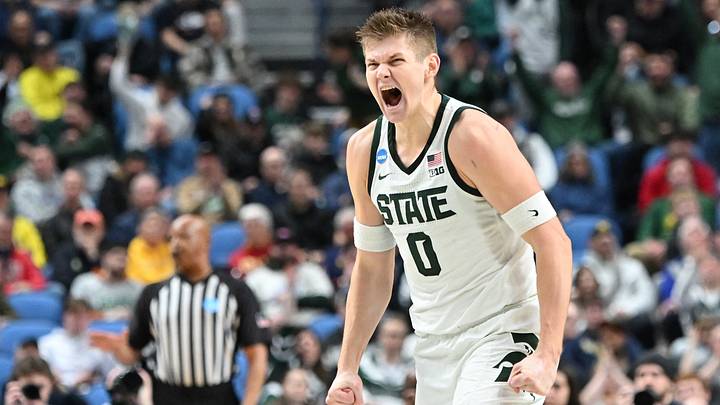 Mar 19, 2026; Buffalo, NY, USA; Michigan State Spartans forward Jaxon Kohler (0) reacts to a play during the first half against the North Dakota State Bison during a first round game of the men's 2026 NCAA Tournament at Keybank Center. Mandatory Credit: Mark Konezny-Imagn Images