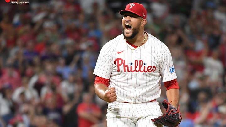 Aug 31, 2024; Philadelphia, Pennsylvania, USA; Philadelphia Phillies pitcher Carlos Estévez (53) reacts after getting the final out during the ninth inning against the Atlanta Braves at Citizens Bank Park. Mandatory Credit: Eric Hartline-Imagn Images