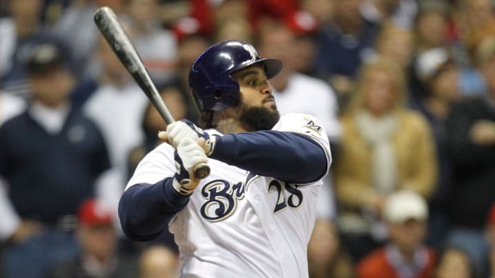 BREWERS17 Prince Fielder grounds out in the eighth inning in what could be his last bat as a Brewer.