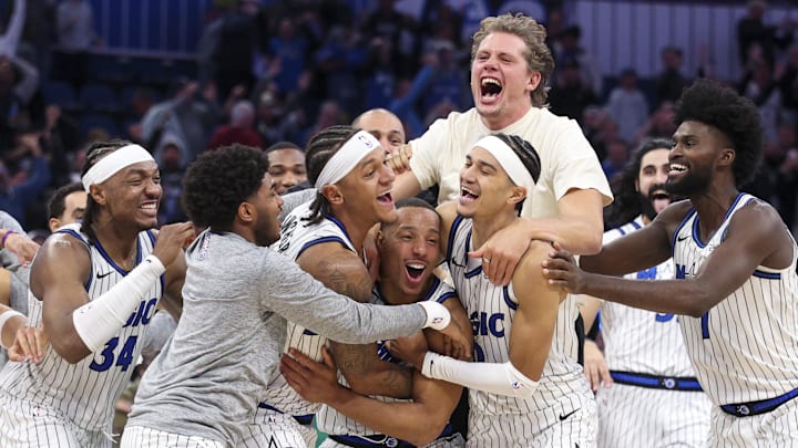Nov 10, 2025; Orlando, Florida, USA; Orlando Magic guard Desmond Bane (3) celebrates with forward Paolo Banchero (5) after making a game wing basket against the Portland Trail Blazers in the fourth quarter at Kia Center. Mandatory Credit: Nathan Ray Seebeck-Imagn Images