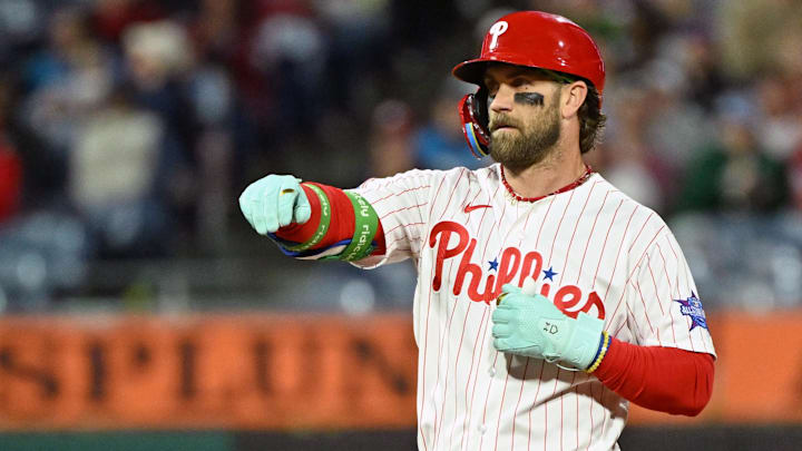 Apr 28, 2026; Philadelphia, Pennsylvania, USA; Philadelphia Phillies first baseman Bryce Harper (3) celebrates his RBI double against the San Francisco Giants during the sixth inning at Citizens Bank Park. Mandatory Credit: Eric Hartline-Imagn Images