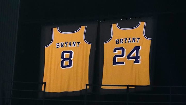 Mar 8, 2020; Los Angeles, California, USA; View of the retired Los Angeles Nos. 8 and 24 jerseys of Kobe Bryant at the Staples Center