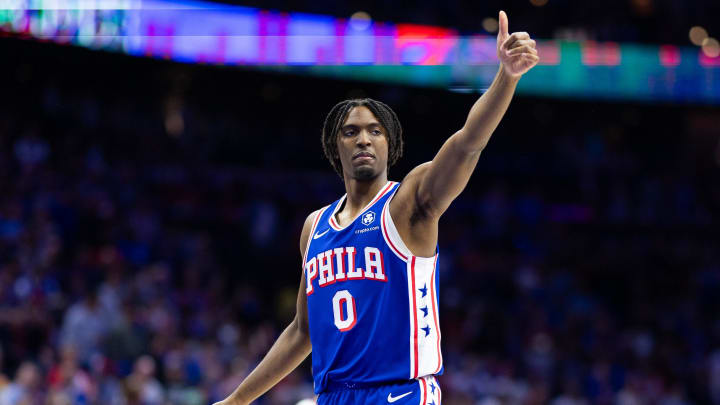 May 2, 2024; Philadelphia, Pennsylvania, USA; Philadelphia 76ers guard Tyrese Maxey (0) during game six of the first round for the 2024 NBA playoffs against the New York Knicks at Wells Fargo Center. Mandatory Credit: Bill Streicher-USA TODAY Sports