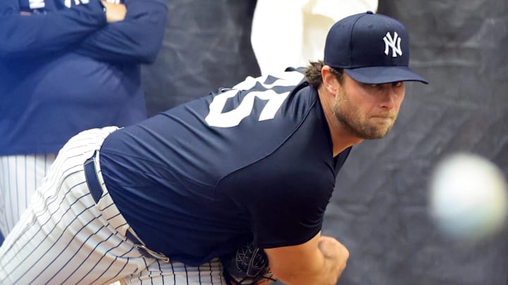 Feb 13, 2026; Tampa, FL, USA; New York Yankees pitcher Gerrit Cole (45) throws a bullpen session during spring training practices at George M. Steinbrenner Field. Mandatory Credit: Kim Klement Neitzel-Imagn Images