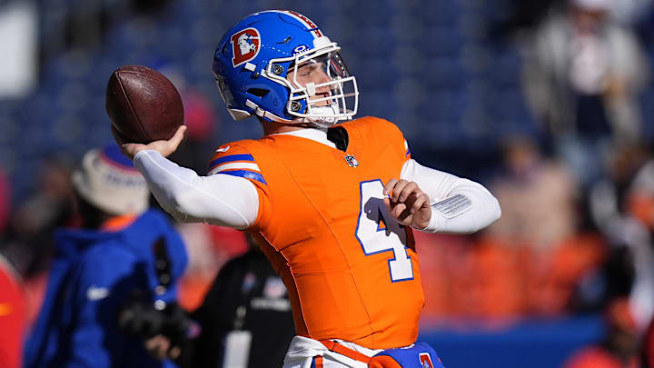 Jan 5, 2025; Denver, Colorado, USA; Denver Broncos quarterback Zach Wilson (4) before the game against the Kansas City Chiefs at Empower Field at Mile High. Mandatory Credit: Ron Chenoy-Imagn Images Jan 5, 2025; Denver, Colorado, USA; Denver Broncos quarterback Zach Wilson (4) before the game against the Kansas City Chiefs at Empower Field at Mile High. Mandatory Credit: Ron Chenoy-Imagn Images