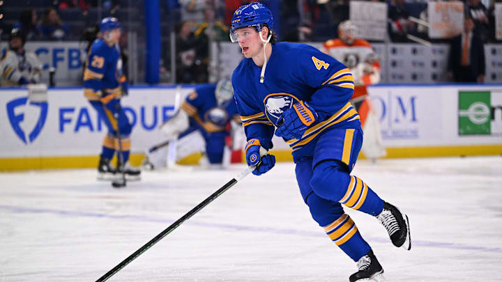 Bowen Byram (4) during pre-game skate against the Ducks. 