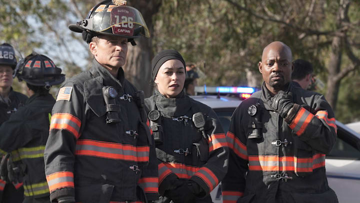 9-1-1 LONE STAR: L-R: Rob Lowe, Natacha Karam, and Brian Michael Smith in the "Both Sides, Now" season premiere episode of 9-1-1 LONE STAR airing Monday, Sept 23 (8:00-9:02 PM ET/PT) on FOX. © 2024 Fox Media LLC. CR: Kevin Estrada/FOX.CR: Kevin Estrada/FOX.