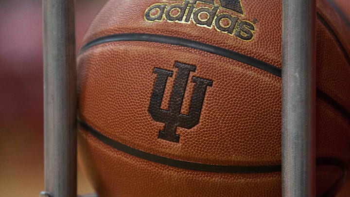Nov 24, 2014; Bloomington, IN, USA;  Basketball showing the IU logo before the game between the Indiana Hoosiers and the Eastern Washington Eagles at Assembly Hall. Eastern Washington Eagles beats Indiana Hoosiers by the score of 86-84. Mandatory Credit: Trevor Ruszkowski-Imagn Images