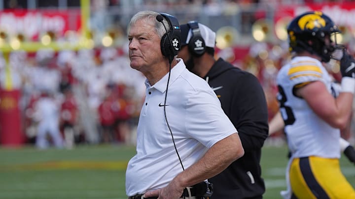 Iowa football head coach Kirk Ferentz watches the game from side line against Iowa State during the second quarter in the Cy-Hawk Series at Jack Trice Stadium on Sept. 6, 2025, in Ames, Iowa