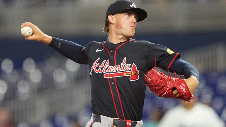 Atlanta Braves pitcher Hurston Waldrep (64) pitches in the first inning against the Miami Marlins at loanDepot Park. Atlanta Braves pitcher Hurston Waldrep (64) pitches in the first inning against the Miami Marlins at loanDepot Park.