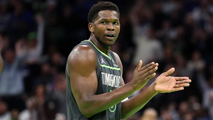 Nov 29, 2024; Minneapolis, Minnesota, USA; Minnesota Timberwolves guard Anthony Edwards (5) reacts during the second half of an NBA Cup game against the LA Clippers at Target Center.