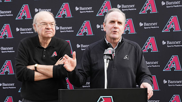 Arizona Diamondbacks CEO and President Derrick Hall with managing general partner Ken Kendrick left hold their annual news conference during spring training workouts at Salt River Fields at Talking Stick on Feb. 17, 2025, in Scottsdale.