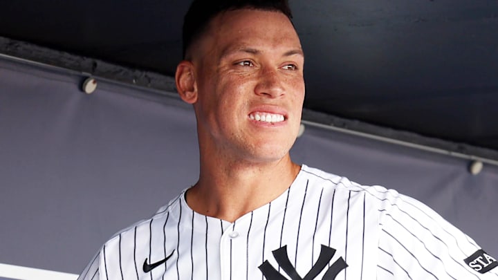 Mar 16, 2025; Tampa, Florida, USA; New York Yankees outfielder Aaron Judge (99) looks on against the Pittsburgh Pirates at George M. Steinbrenner Field. Mar 16, 2025; Tampa, Florida, USA; New York Yankees outfielder Aaron Judge (99) looks on against the Pittsburgh Pirates at George M. Steinbrenner Field.