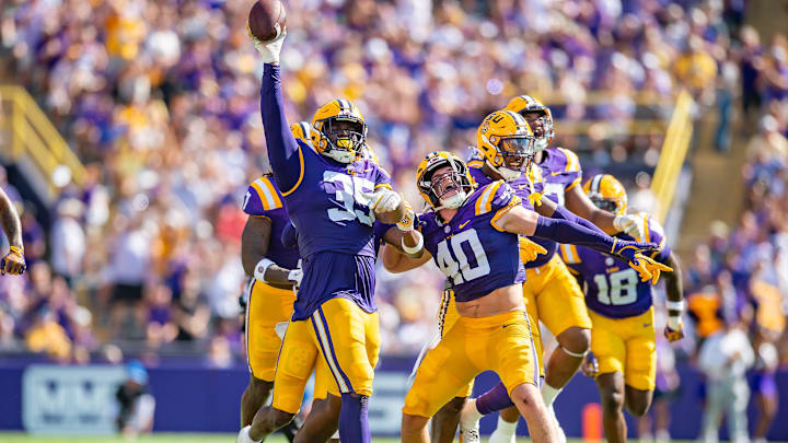 Tigers Saivion Jones 35 and Whit Weeks 40 celebrate after a fumble recovery as the LSU Tigers take on UCLA at Tiger Stadium in Baton Rouge, LA. Saturday, Sept. 21, 2024. Tigers Saivion Jones 35 and Whit Weeks 40 celebrate after a fumble recovery as the LSU Tigers take on UCLA at Tiger Stadium in Baton Rouge, LA. Saturday, Sept. 21, 2024.