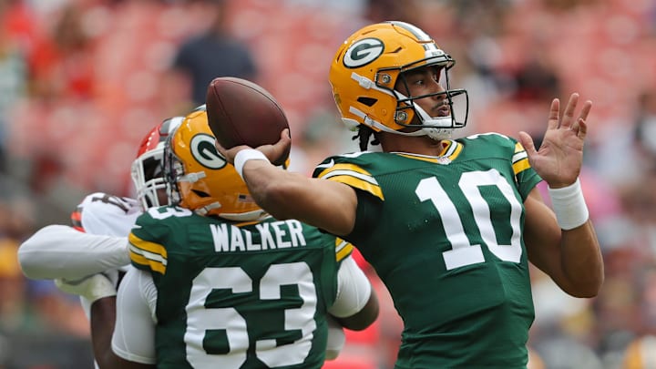 Green Bay Packers quarterback Jordan Love throws a pass during last year's preseason against the Browns.