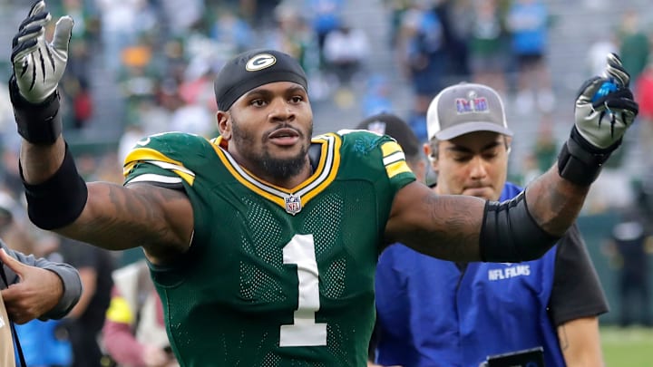 Green Bay Packers defensive end Micah Parsons (1) against the Detroit Lions on Sunday, September 7, 2025.