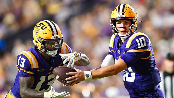 Tigers Quarterback Sam Leavitt 10 hands off to Dilin Jones 13, LSU Tigers take on the LA Tech Bulldogs. September 12, 2026; Baton Rouge, Louisiana, USA; at Tiger Stadium. Tigers Quarterback Sam Leavitt 10 hands off to Dilin Jones 13, LSU Tigers take on the LA Tech Bulldogs. September 12, 2026; Baton Rouge, Louisiana, USA; at Tiger Stadium.
