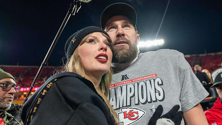 Taylor Swift, left, and Kansas City Chiefs tight end Travis Kelce walk off the field after the trophy ceremony following the Chiefs 32-29 victory over the Buffalo Bills in the AFC Championship Game. Taylor Swift, left, and Kansas City Chiefs tight end Travis Kelce walk off the field after the trophy ceremony following the Chiefs 32-29 victory over the Buffalo Bills in the AFC Championship Game.