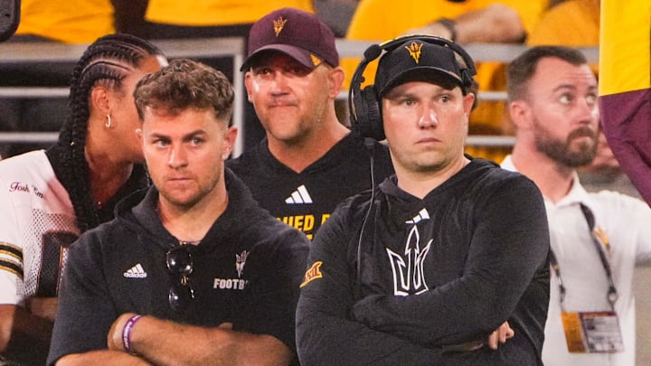 Aug 30, 2025; Tempe, Arizona, USA;  Arizona State Sun Devils head coach Kenny Dillingham during the third quarter between Arizona State Sun Devils and Northern Arizona Lumberjacks at Mountain America Stadium. Mandatory Credit: Arianna Grainey-Imagn Images