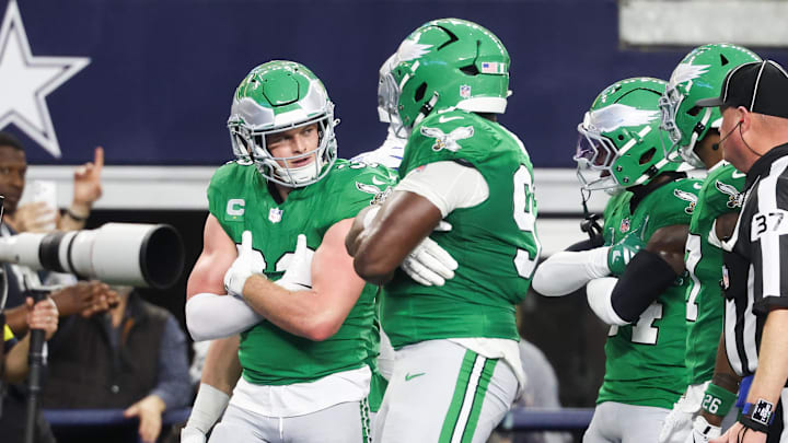 Nov 23, 2025; Arlington, Texas, USA; Philadelphia Eagles safety Reed Blankenship (32) celebrates after an interception in the second quarter at AT&T Stadium. Mandatory Credit: Kevin Jairaj-Imagn Images