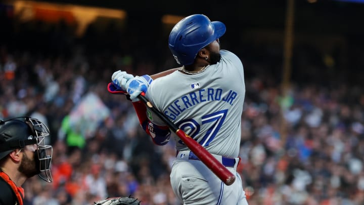 Jul 10, 2024; San Francisco, California, USA; Toronto Blue Jays first base Vladimir Guerrero Jr. (27) hits a double during the sixth inning against the San Francisco Giants at Oracle Park. Jul 10, 2024; San Francisco, California, USA; Toronto Blue Jays first base Vladimir Guerrero Jr. (27) hits a double during the sixth inning against the San Francisco Giants at Oracle Park.