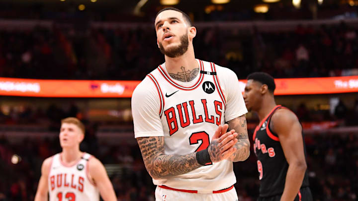 Feb 28, 2025; Chicago, Illinois, USA; Chicago Bulls guard Lonzo Ball (2) reacts during a game against the Toronto Raptors at the United Center. Mandatory Credit: Patrick Gorski-Imagn Images Feb 28, 2025; Chicago, Illinois, USA; Chicago Bulls guard Lonzo Ball (2) reacts during a game against the Toronto Raptors at the United Center. Mandatory Credit: Patrick Gorski-Imagn Images