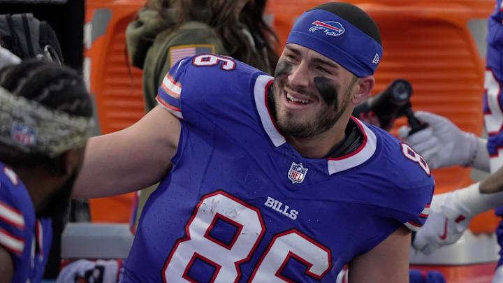 Buffalo Bills tight end Dalton Kincaid is all smiles after scoring a touchdown against the Kansas City Chiefs.