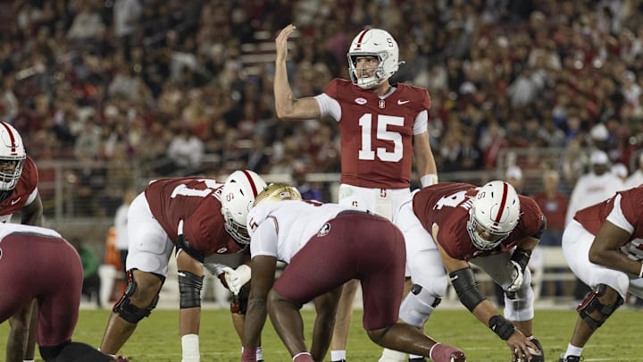 Oct 18, 2025; Stanford, California, USA;  Stanford Cardinal quarterback Ben Gulbranson (15) signals during the first quarter against the Florida State Seminoles at Stanford Stadium. Mandatory Credit: Stan Szeto-Imagn Images