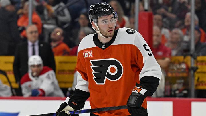 Apr 14, 2026; Philadelphia, Pennsylvania, USA; Philadelphia Flyers defenseman David Jiricek (5) against the Montréal Canadiens at Xfinity Mobile Arena. Apr 14, 2026; Philadelphia, Pennsylvania, USA; Philadelphia Flyers defenseman David Jiricek (5) against the Montréal Canadiens at Xfinity Mobile Arena.