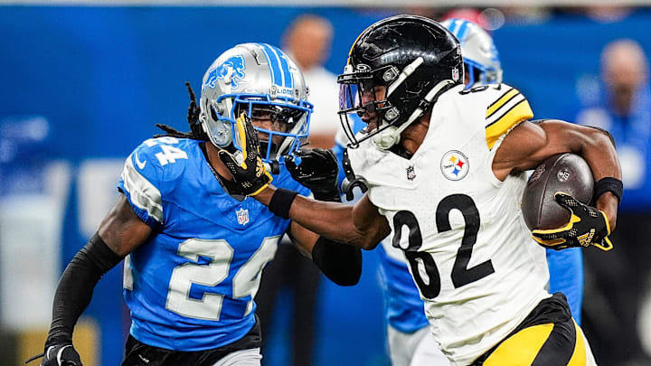 Pittsburgh Steelers wide receiver Dez Fitzpatrick (82) runs against Detroit Lions cornerback Steven Gilmore (24) during the second half of a preseason game at Ford Field in Detroit on Saturday, August 24, 2024.