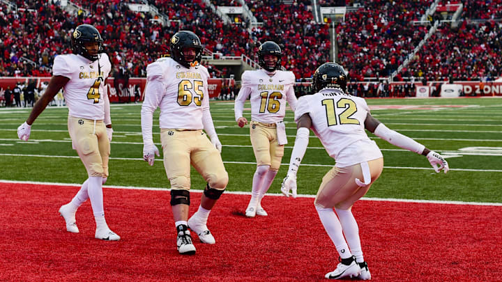 Nov 25, 2023; Salt Lake City, Utah, USA; Colorado Buffaloes athlete Travis Hunter (12) does a