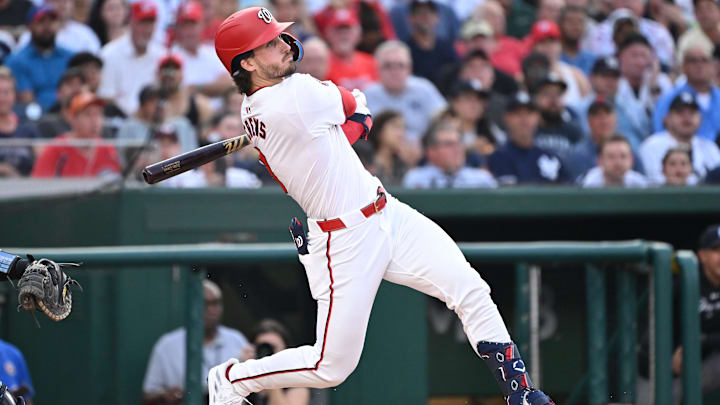 Aug 26, 2024; Washington, District of Columbia, USA; Washington Nationals center fielder Dylan Crews (3) watches the ball after hitting it into play during his first MLB at bat during the first inning against the New York Yankees at Nationals Park. Rafael Suanes-Imagn Images Aug 26, 2024; Washington, District of Columbia, USA; Washington Nationals center fielder Dylan Crews (3) watches the ball after hitting it into play during his first MLB at bat during the first inning against the New York Yankees at Nationals Park. Rafael Suanes-Imagn Images
