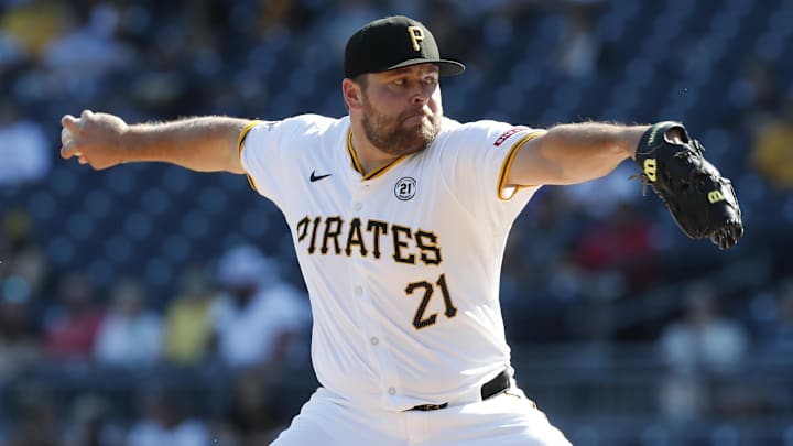 Sep 15, 2024; Pittsburgh, Pennsylvania, USA;  Pittsburgh Pirates relief pitcher David Bednar (51) pitches against the Kansas City Royals during the eighth inning at PNC Park. Mandatory Credit: Charles LeClaire-Imagn Images