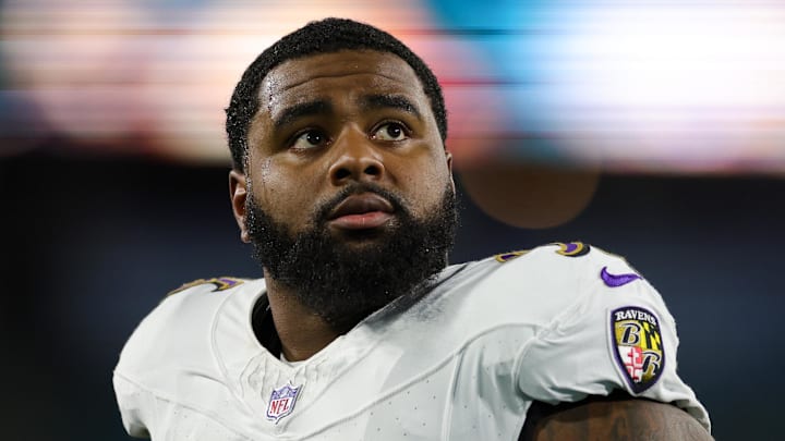 Dec 17, 2023; Jacksonville, Florida, USA;  Baltimore Ravens defensive tackle Broderick Washington (96) warms up before a game against the Jacksonville Jaguars at EverBank Stadium. Mandatory Credit: Nathan Ray Seebeck-Imagn Images