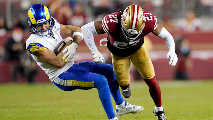 Dec 12, 2024; Santa Clara, California, USA; Los Angeles Rams wide receiver Puka Nacua (17) holds onto the ball after being hit by San Francisco 49ers safety Ji'Ayir Brown (27) in the third quarter at Levi's Stadium. Mandatory Credit: Cary Edmondson-Imagn Images Dec 12, 2024; Santa Clara, California, USA; Los Angeles Rams wide receiver Puka Nacua (17) holds onto the ball after being hit by San Francisco 49ers safety Ji'Ayir Brown (27) in the third quarter at Levi's Stadium. Mandatory Credit: Cary Edmondson-Imagn Images