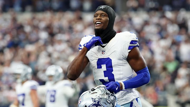 Dallas Cowboys wide receiver George Pickens (3) reacts after a play against the New York Giants during the fourth quarter at AT&T Stadium. Dallas Cowboys wide receiver George Pickens (3) reacts after a play against the New York Giants during the fourth quarter at AT&T Stadium.