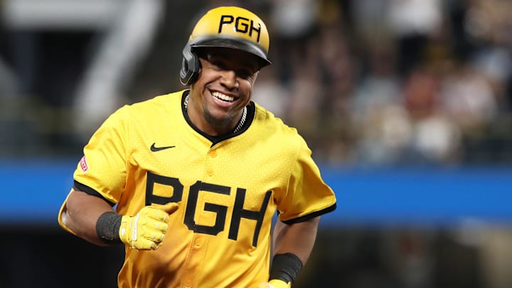 Apr 18, 2025; Pittsburgh, Pennsylvania, USA;  Pittsburgh Pirates first baseman Enmanuel Valdez (48) circles the bases after a two-run home run against the Cleveland Guardians during the seventh inning at PNC Park. Mandatory Credit: Charles LeClaire-Imagn Images