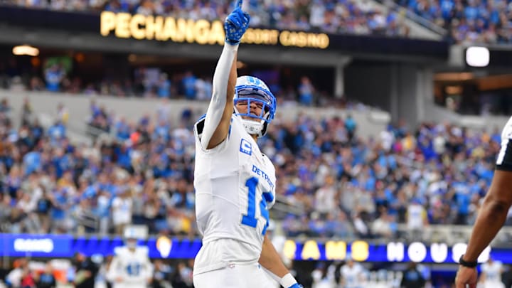 St. Brown celebrates after a touchdown during the second quarter against the Los Angeles Rams at SoFi Stadium. 