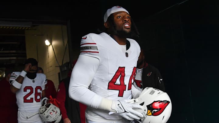 Dec 31, 2023; Philadelphia, Pennsylvania, USA; Arizona Cardinals linebacker Owen Pappoe (44) in the tunnel before game against the Philadelphia Eagles at Lincoln Financial Field. Mandatory Credit: Eric Hartline-Imagn Images