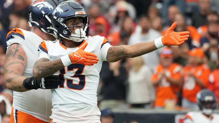 Nov 2, 2025; Houston, Texas, USA; Denver Broncos wide receiver Pat Bryant (13) celebrates after a first down during the second half against the Houston Texans at NRG Stadium. 