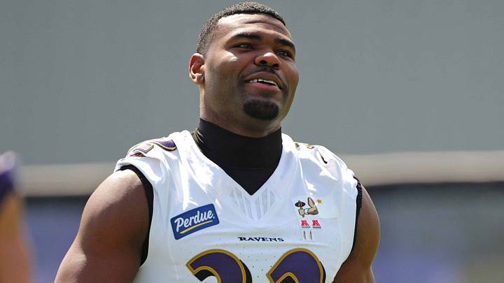 Jul 29, 2026; Ownings Mills, MD, USA; Baltimore Ravens linebacker Trenton Simpson (32) during practice at the Under Armour Performance Center. Mandatory Credit: Mitch Stringer-Imagn Images Jul 29, 2026; Ownings Mills, MD, USA; Baltimore Ravens linebacker Trenton Simpson (32) during practice at the Under Armour Performance Center. Mandatory Credit: Mitch Stringer-Imagn Images