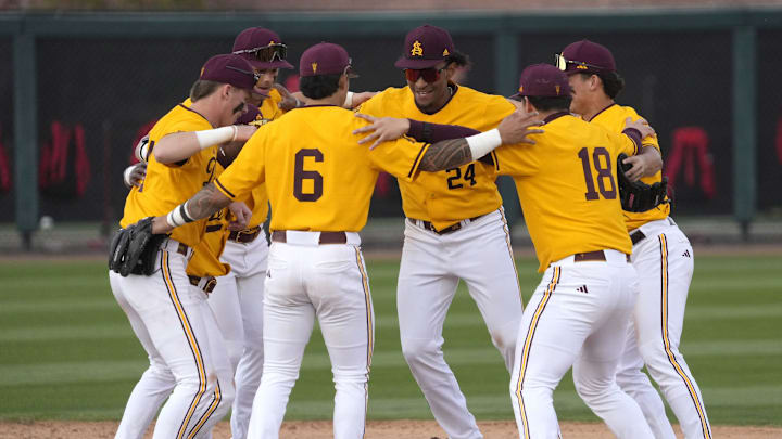 Arizona State players celebrate after beating Ohio State 17-10 at Phoenix Municipal Stadium on Sunday, Feb. 16, 2025.