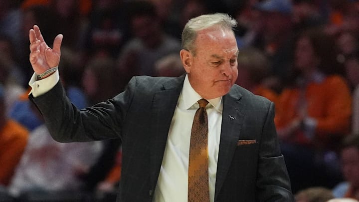Texas basketball coach Vic Schaefer shows his frustration after a call during an NCAA college basketball game against Tennessee on Feb. 15, 2026, in Knoxville, Tennessee.